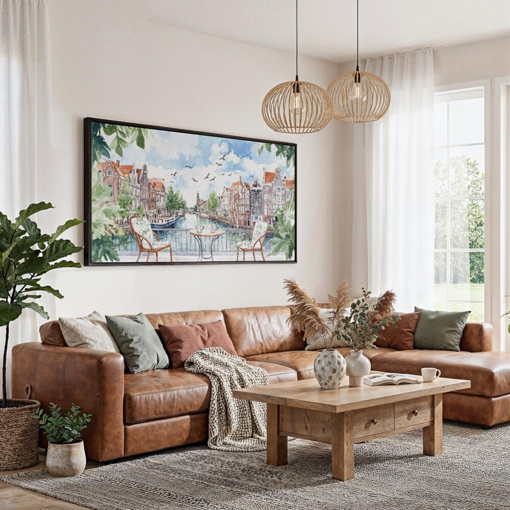 04 - Framed Amsterdam Balcony View Watercolor - Panorama Canvas Print - Living Room.jpg 04 - Framed Amsterdam Balcony View Watercolor - Panorama Canvas Print - Living Room.jpg