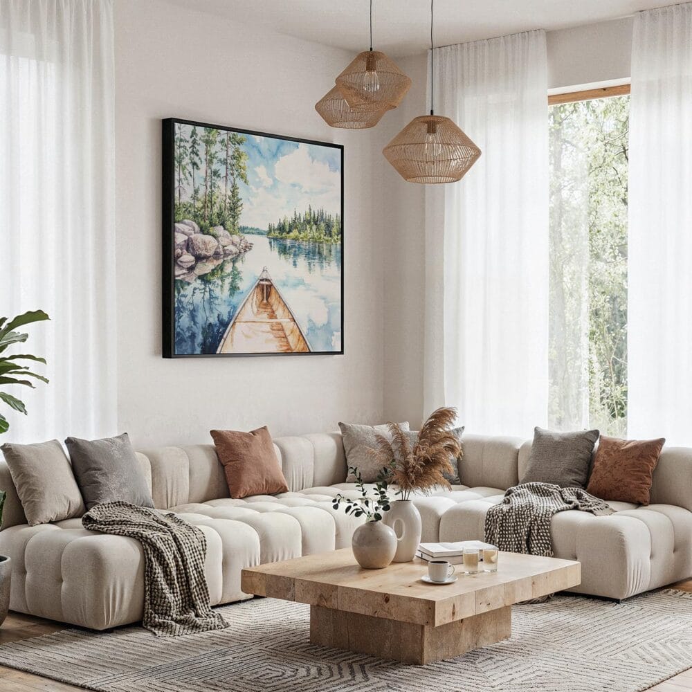 04 - Framed Boundary Waters Square Watercolor Canvas Print - Boho Living Room.jpg 04 - Framed Boundary Waters Square Watercolor Canvas Print - Boho Living Room.jpg