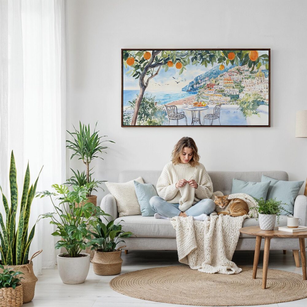 04 - Framed Coffee at Amalfi Coast Watercolor - Panorama Canvas Print - Woman Knitting on Sofa.jpg 04 - Framed Coffee at Amalfi Coast Watercolor - Panorama Canvas Print - Woman Knitting on Sofa.jpg
