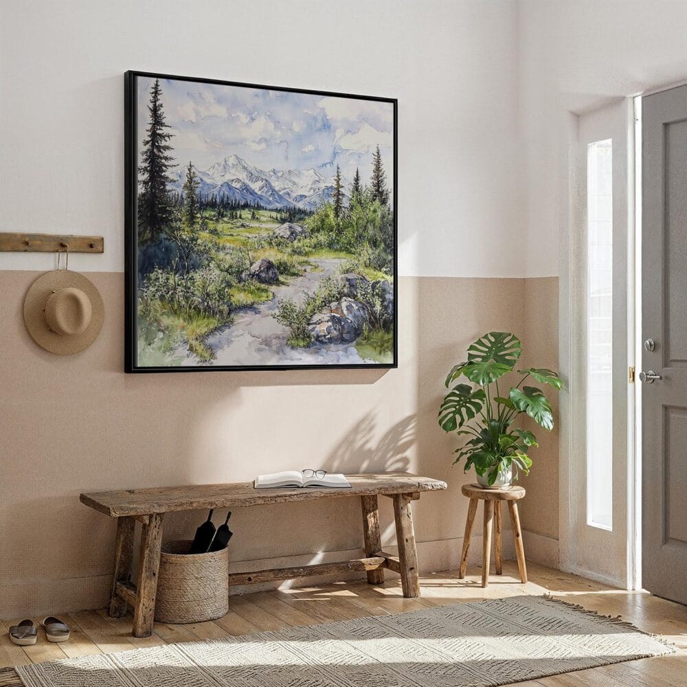 04 - Framed Denali National park Watercolor - Square Canvas Print - Hallway.jpg 04 - Framed Denali National park Watercolor - Square Canvas Print - Hallway.jpg