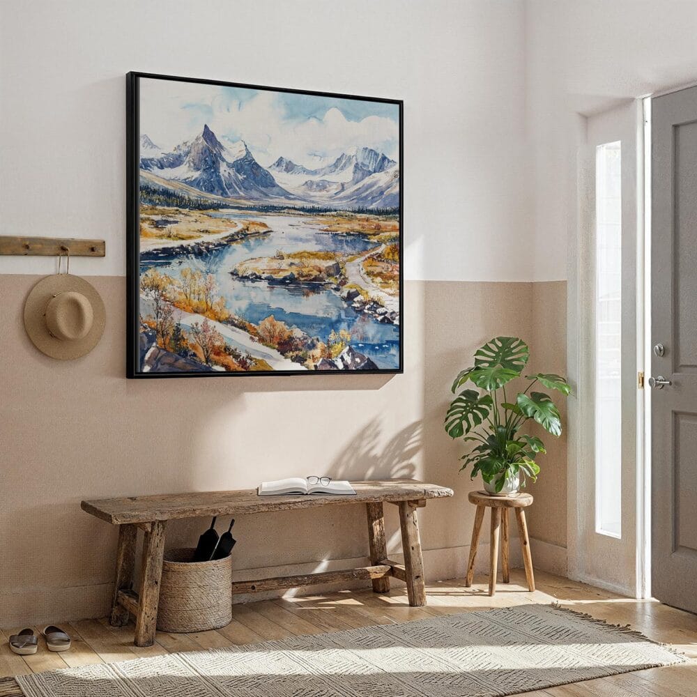 04 - Framed Gates of the Arctic National park Watercolor - Square Canvas Print - Hallway.jpg 04 - Framed Gates of the Arctic National park Watercolor - Square Canvas Print - Hallway.jpg