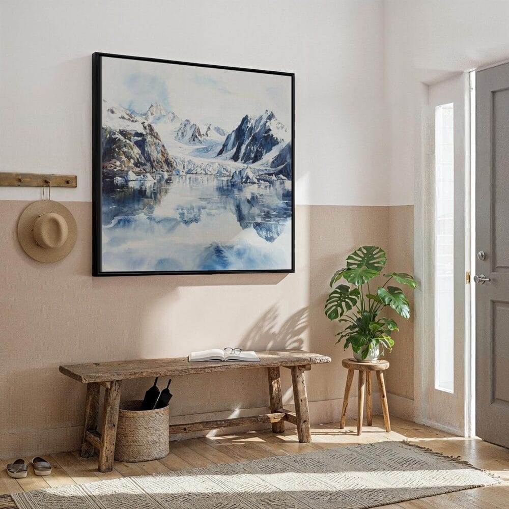 04 - Framed Glacier Bay National Park Watercolor - Square Canvas Print - Hallway.jpg 04 - Framed Glacier Bay National Park Watercolor - Square Canvas Print - Hallway.jpg