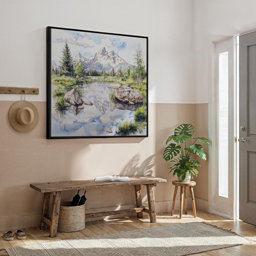 04 - Framed Grand Teton National Park Watercolor - Square Canvas Print - Hallway.jpg 04 - Framed Grand Teton National Park Watercolor - Square Canvas Print - Hallway.jpg