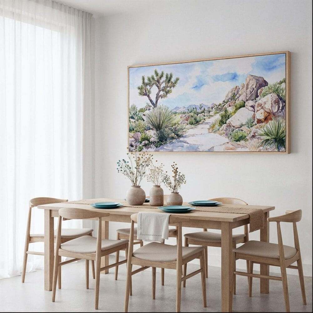04 - Framed Joshua Tree National Park Watercolor - Panorama Canvas Print - Dining Table.jpg 04 - Framed Joshua Tree National Park Watercolor - Panorama Canvas Print - Dining Table.jpg