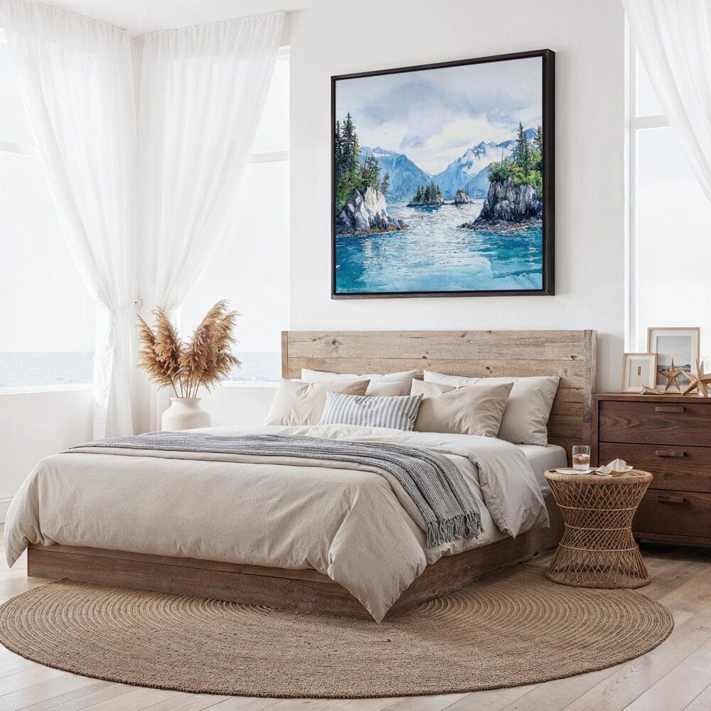 04 - Framed Kenai Fjords National Park Watercolor - Square Canvas Print - Bedroom.jpg 04 - Framed Kenai Fjords National Park Watercolor - Square Canvas Print - Bedroom.jpg