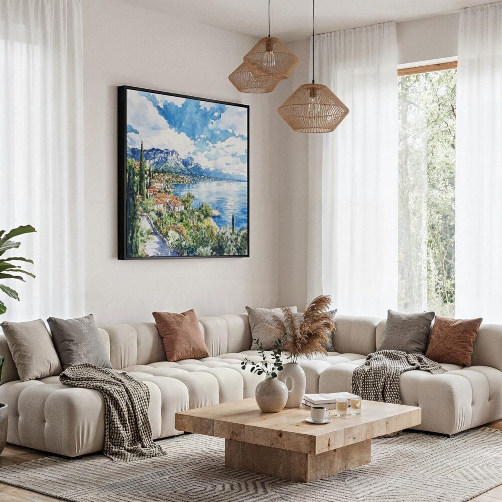 04 - Framed Lake Garda Italy Square Watercolor Canvas Print - Boho Living Room.jpg 04 - Framed Lake Garda Italy Square Watercolor Canvas Print - Boho Living Room.jpg