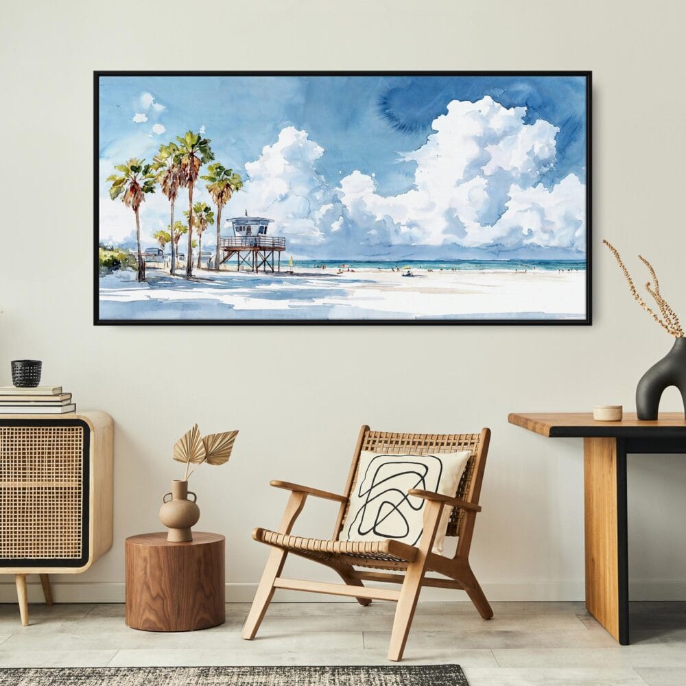 04 - Framed Los Angeles Beach Watercolor - Panorama Canvas Print - Boho Chair.jpg 04 - Framed Los Angeles Beach Watercolor - Panorama Canvas Print - Boho Chair.jpg