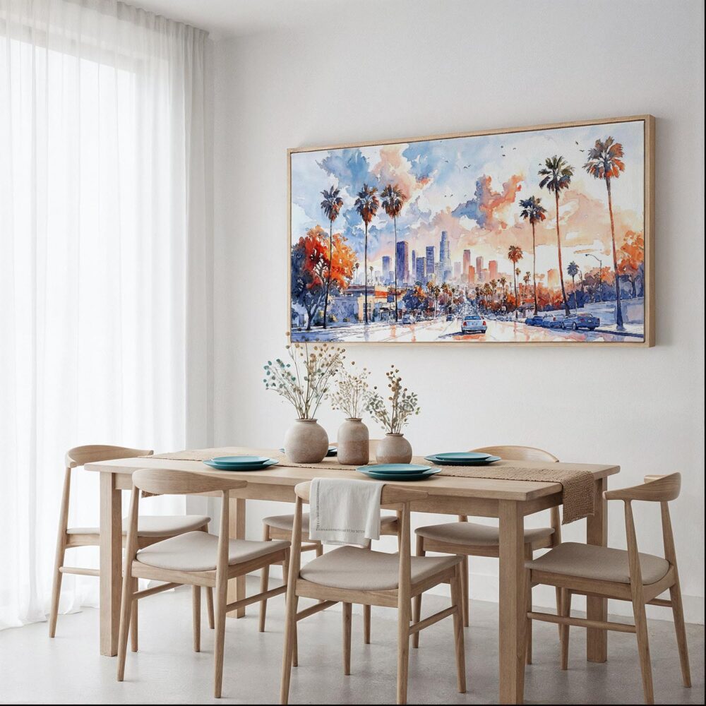 04 - Framed Los Angeles Skyline Watercolor - Panorama Canvas Print - Dining Table.jpg 04 - Framed Los Angeles Skyline Watercolor - Panorama Canvas Print - Dining Table.jpg