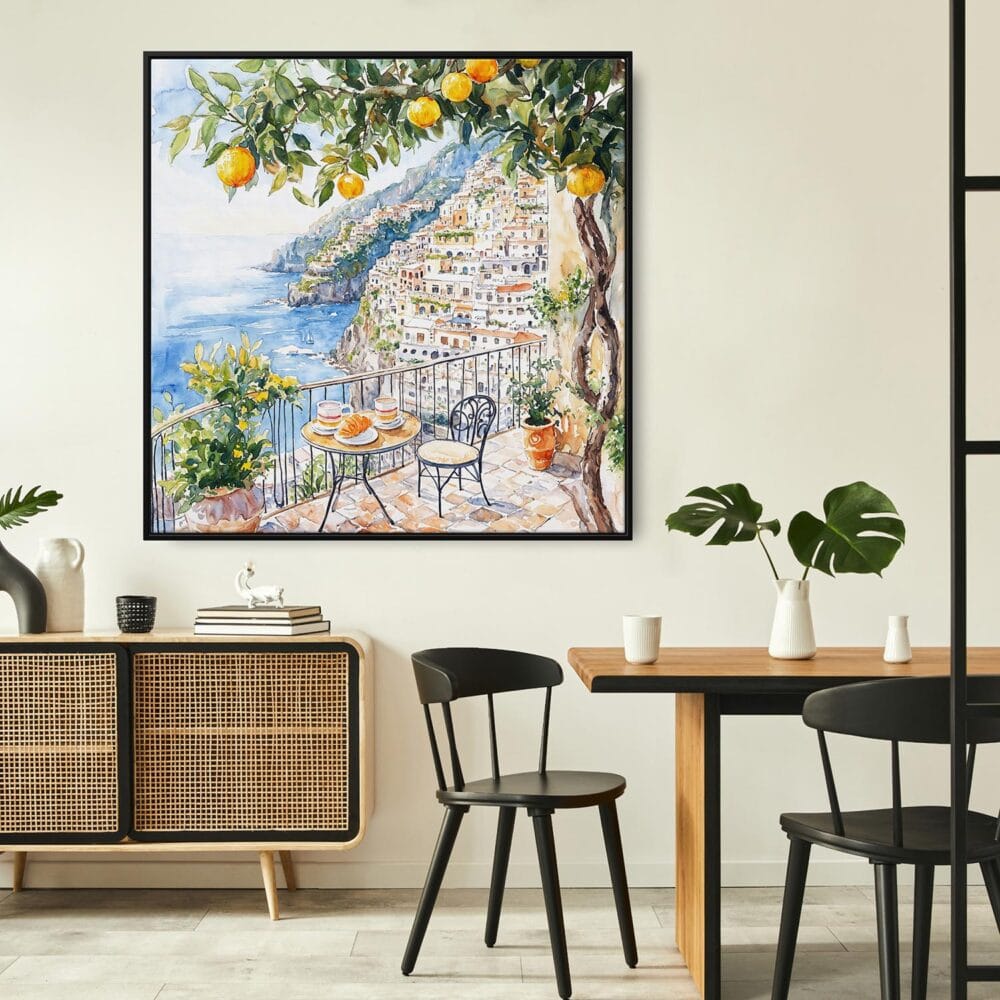 04 - Framed Morning Coffee at Amalfi Coast Italy Watercolor - Square Canvas Print - Boho Kitchen.jpg 04 - Framed Morning Coffee at Amalfi Coast Italy Watercolor - Square Canvas Print - Boho Kitchen.jpg