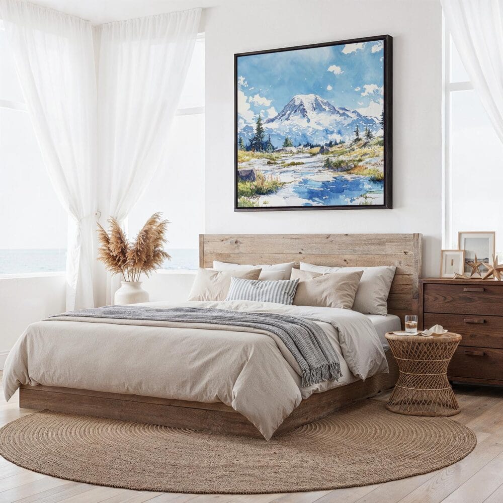 04 - Framed Mount Rainier National Park Watercolor Style - Square Canvas Print - Bedroom.jpg 04 - Framed Mount Rainier National Park Watercolor Style - Square Canvas Print - Bedroom.jpg