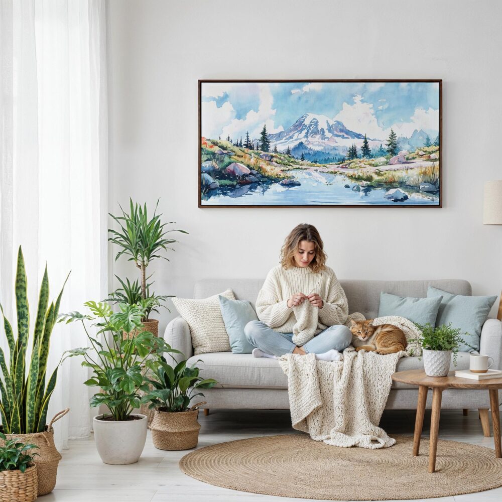 04 - Framed Mount Rainier Panorama Watercolor Canvas Print - Woman Knitting on Sofa.jpg 04 - Framed Mount Rainier Panorama Watercolor Canvas Print - Woman Knitting on Sofa.jpg