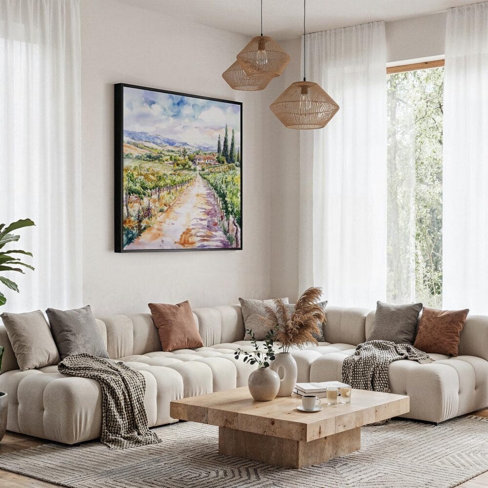 04 - Framed Napa Valley Vineyard Watercolor - Square Canvas Print - Boho Living Room.jpg 04 - Framed Napa Valley Vineyard Watercolor - Square Canvas Print - Boho Living Room.jpg