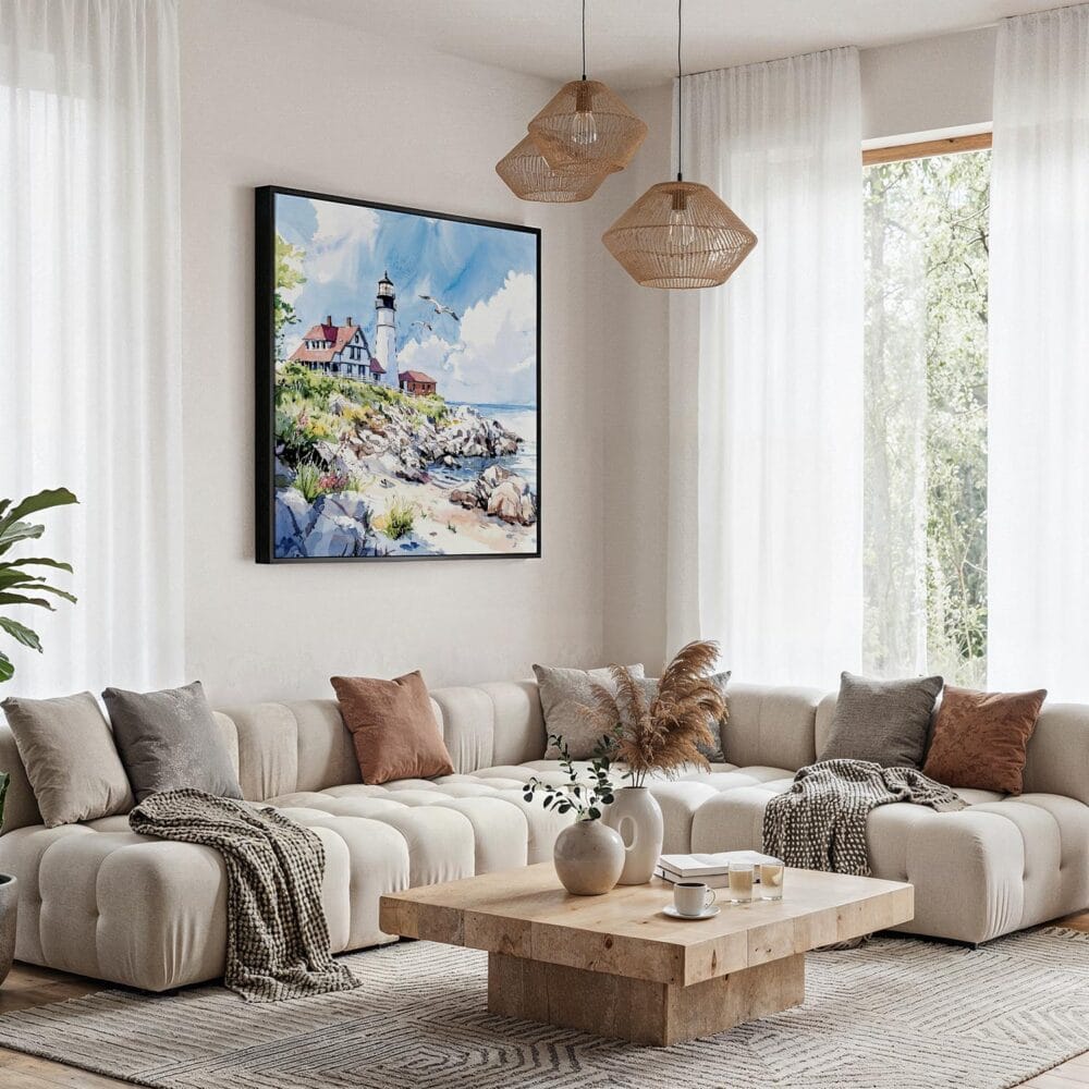 04 - Framed Portland Maine Head Light Watercolor - Square Canvas Print - Boho Living Room.jpg 04 - Framed Portland Maine Head Light Watercolor - Square Canvas Print - Boho Living Room.jpg