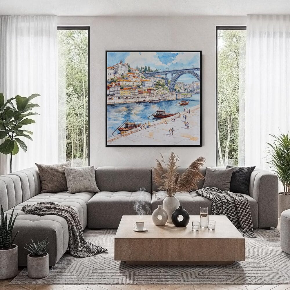 04 - Framed Porto Ribeira Watercolor - Square Canvas Print - Contemporary Living Room.jpg 04 - Framed Porto Ribeira Watercolor - Square Canvas Print - Contemporary Living Room.jpg