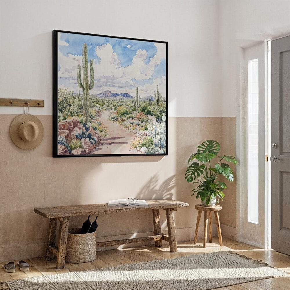 04 - Framed Saguaro National Park Watercolor Style - Square Canvas Print - Hallway.jpg 04 - Framed Saguaro National Park Watercolor Style - Square Canvas Print - Hallway.jpg