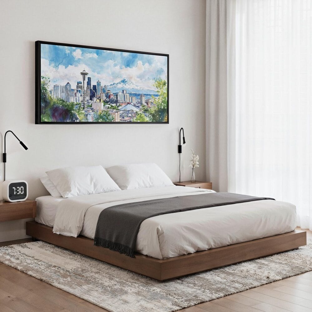 04 - Framed Seattle Watercolor - Panorama Canvas Print - Bedroom.jpg 04 - Framed Seattle Watercolor - Panorama Canvas Print - Bedroom.jpg