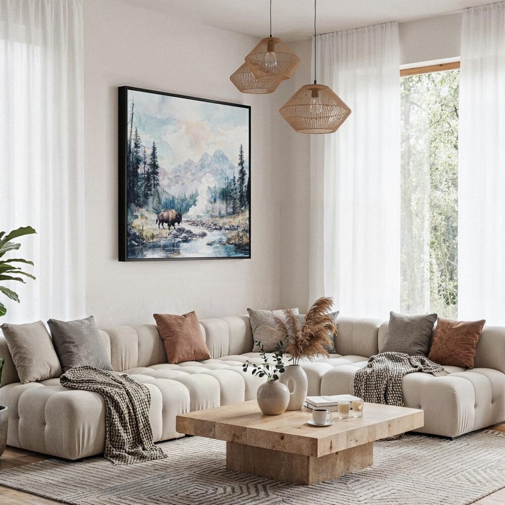 04 - Framed Yellowstone National Park Watercolor Style - Square Canvas Print - Boho Living Room.jpg 04 - Framed Yellowstone National Park Watercolor Style - Square Canvas Print - Boho Living Room.jpg