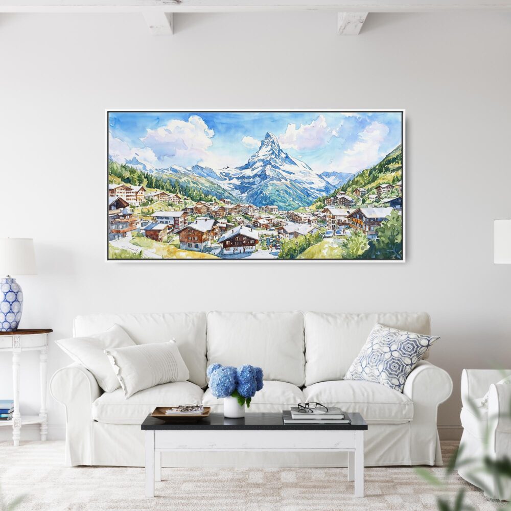 04 - Framed Zermatt Switzerland Watercolor - Panorama Canvas Print - Coastal Living Room.jpg 04 - Framed Zermatt Switzerland Watercolor - Panorama Canvas Print - Coastal Living Room.jpg