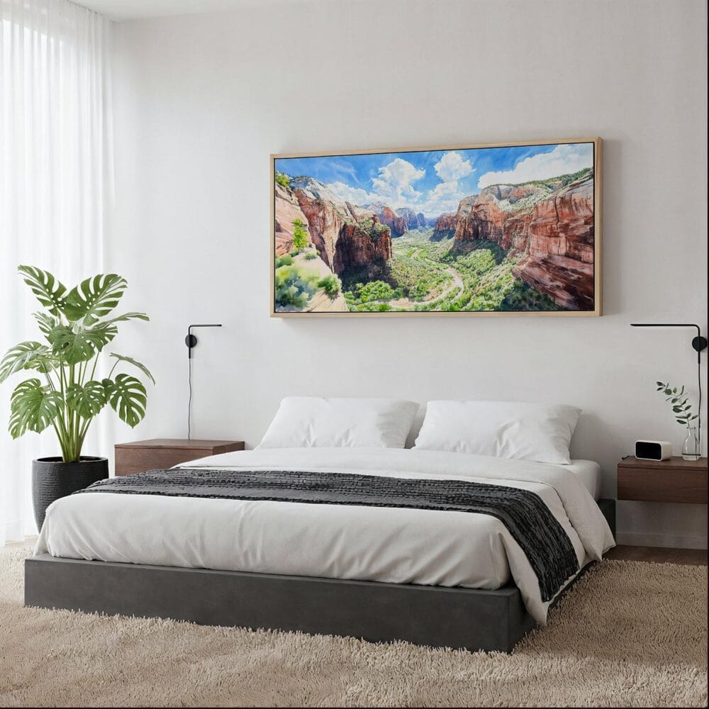 04 - Framed Zion National Park Panorama Watercolor Canvas Print - Woman in contemporary Bed Room.jpg 04 - Framed Zion National Park Panorama Watercolor Canvas Print - Woman in contemporary Bed Room.jpg