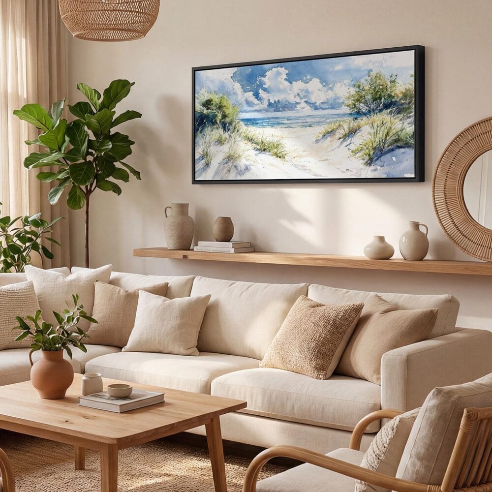 04 - Indiana Dunes National Park Watercolor - Panorama Canvas Print with Black Floater Frame - Boho Room.jpg 04 - Indiana Dunes National Park Watercolor - Panorama Canvas Print with Black Floater Frame - Boho Room.jpg