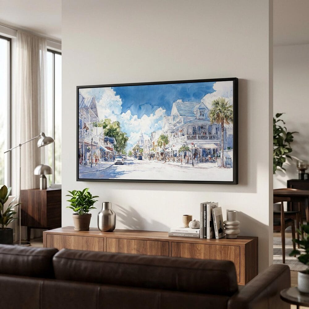 04 - Key West Florida Watercolor - Panorama Canvas Print with Black Floater Frame - Mid Century Room 2.jpg 04 - Key West Florida Watercolor - Panorama Canvas Print with Black Floater Frame - Mid Century Room 2.jpg