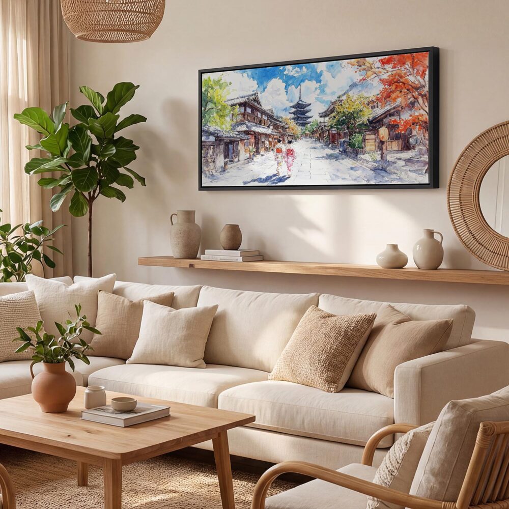 04 - Kyoto Japan Watercolor - Panorama Canvas Print with Black Floater Frame - Boho Room.jpg 04 - Kyoto Japan Watercolor - Panorama Canvas Print with Black Floater Frame - Boho Room.jpg