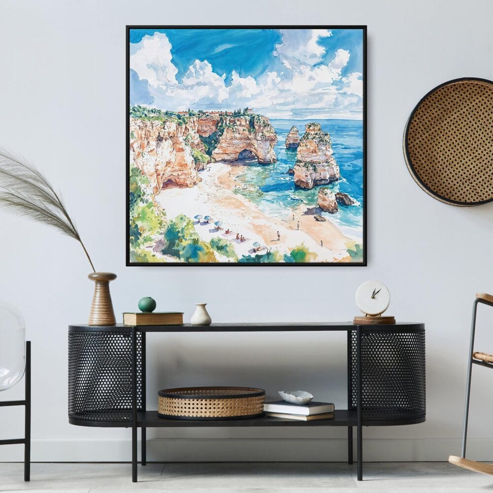 04 - Large Algarve Portugal Square Watercolor Canvas Print in Midcentury Corner.jpg 04 - Large Algarve Portugal Square Watercolor Canvas Print in Midcentury Corner.jpg
