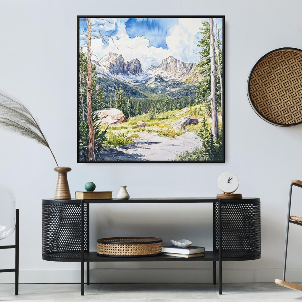04 - Large Colorado Rocky Mountains Watercolor - Square Canvas Print in Midcentury Corner.jpg 04 - Large Colorado Rocky Mountains Watercolor - Square Canvas Print in Midcentury Corner.jpg