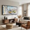 04 - Lisbon Portugal Yellow Tram Watercolor - Panorama Canvas Print with Black Floater Frame - Mid Century Room.jpg