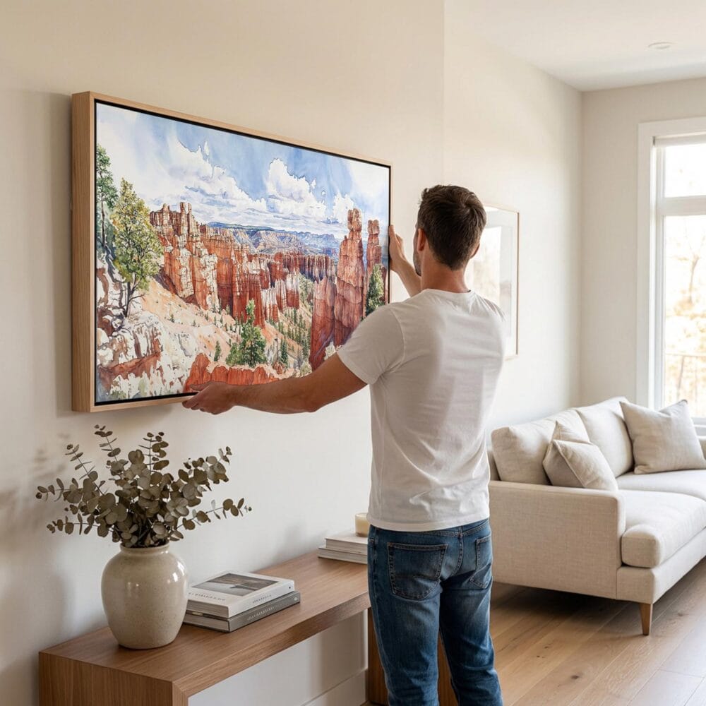 04 - Man Hanging Bryce Canyon National Park Watercolor - Panorama Canvas Wall art with Black Floater Frame.jpg 04 - Man Hanging Bryce Canyon National Park Watercolor - Panorama Canvas Wall art with Black Floater Frame.jpg