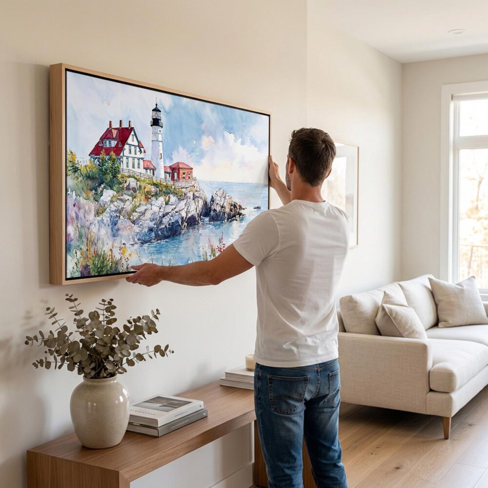 04 - Man Hanging Portland Maine Lighthouse Watercolor - Panorama Canvas Wall art with Black Floater Frame.jpg 04 - Man Hanging Portland Maine Lighthouse Watercolor - Panorama Canvas Wall art with Black Floater Frame.jpg