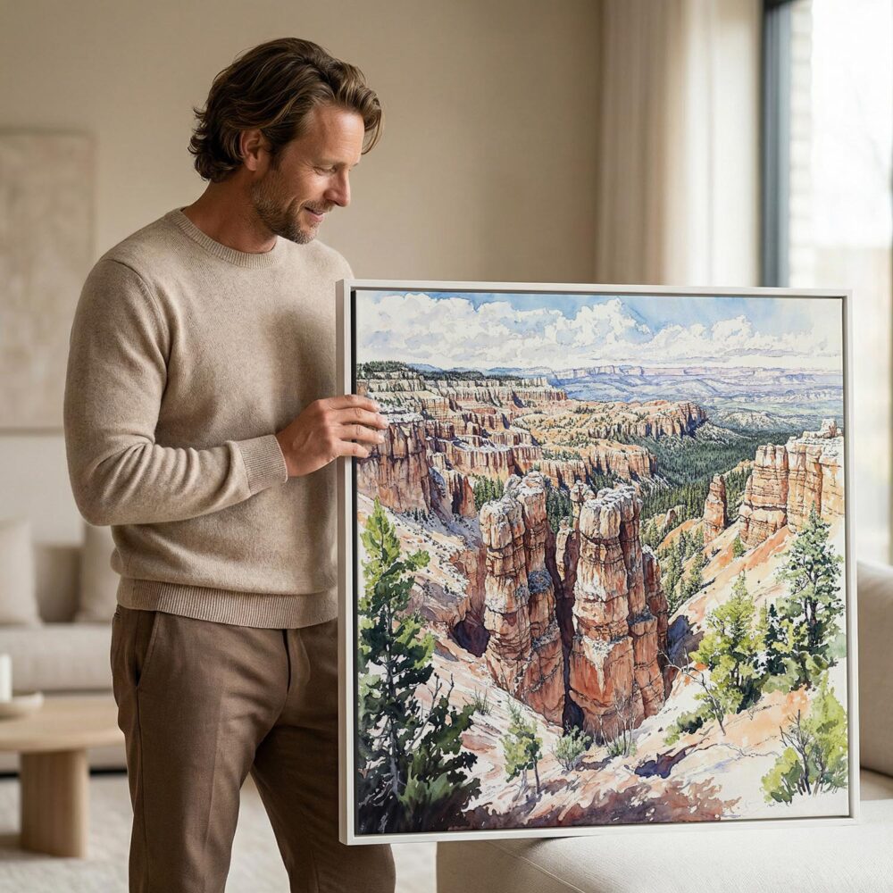 04 - Man holding Large Framed Bryce Canyon National Park Watercolor - Square Canvas Print.jpg 04 - Man holding Large Framed Bryce Canyon National Park Watercolor - Square Canvas Print.jpg