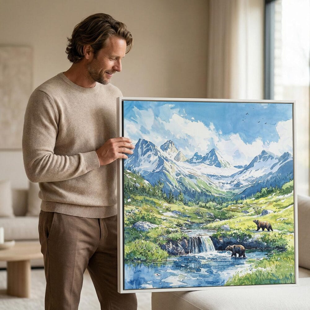04 - Man holding Large Framed Katmai National Park Watercolor - Square Canvas Print.jpg 04 - Man holding Large Framed Katmai National Park Watercolor - Square Canvas Print.jpg