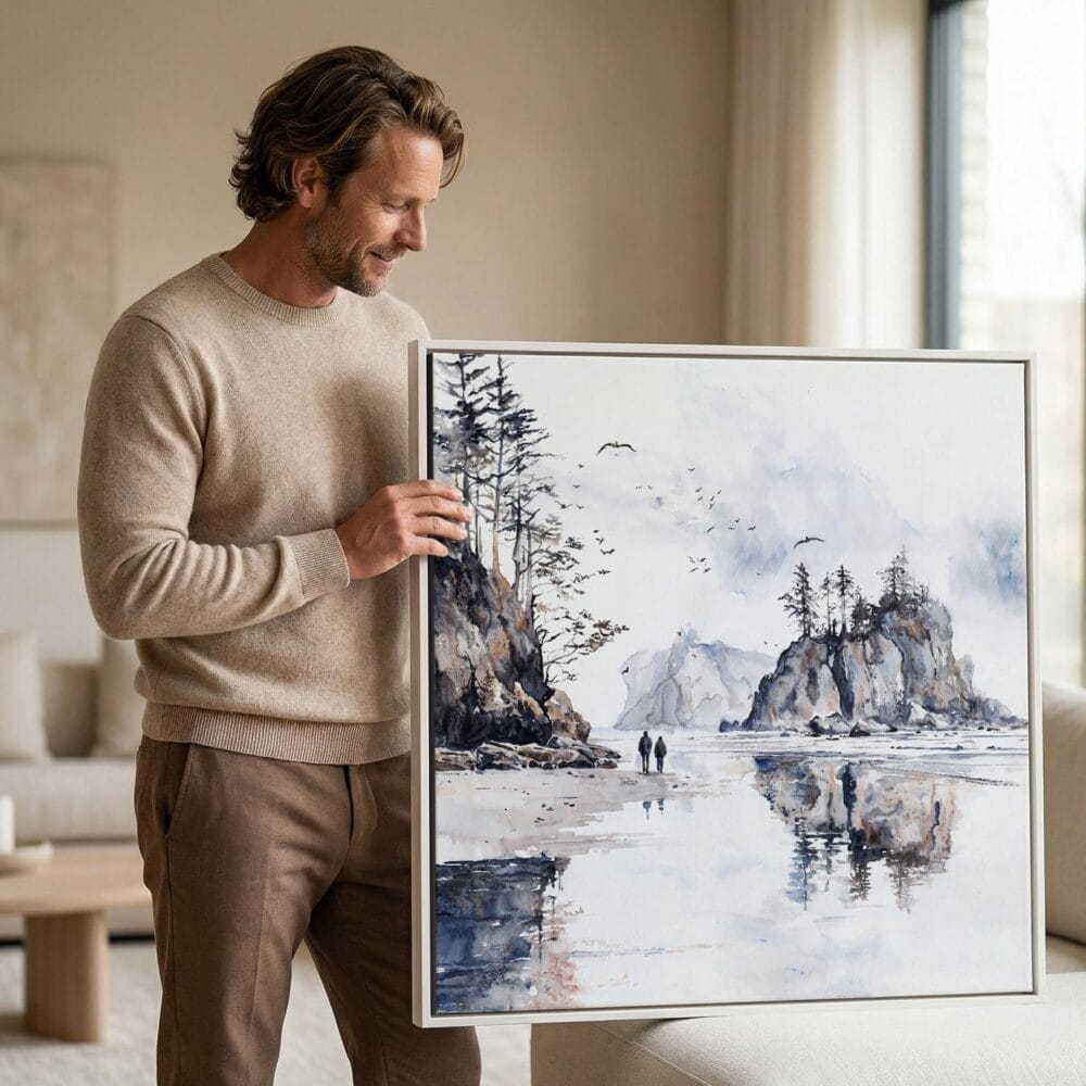 04 - Man holding Large Framed Olympic National Park Square Watercolor Canvas Print.jpg 04 - Man holding Large Framed Olympic National Park Square Watercolor Canvas Print.jpg