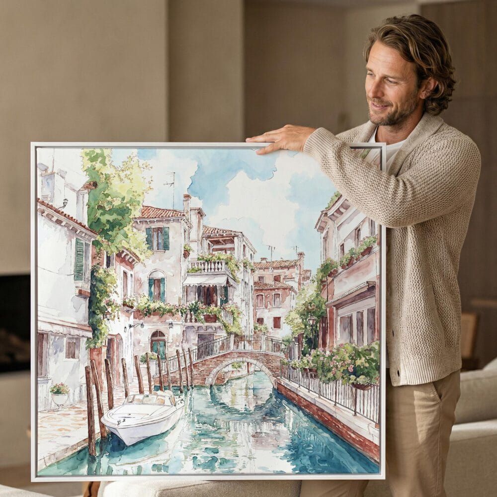 04 - Man holding Large Venice Italy Canal Watercolor - Square Canvas Print with White floater Frame.jpg 04 - Man holding Large Venice Italy Canal Watercolor - Square Canvas Print with White floater Frame.jpg
