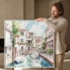 04 - Man holding Large Venice Italy Canal Watercolor - Square Canvas Print with White floater Frame.jpg
