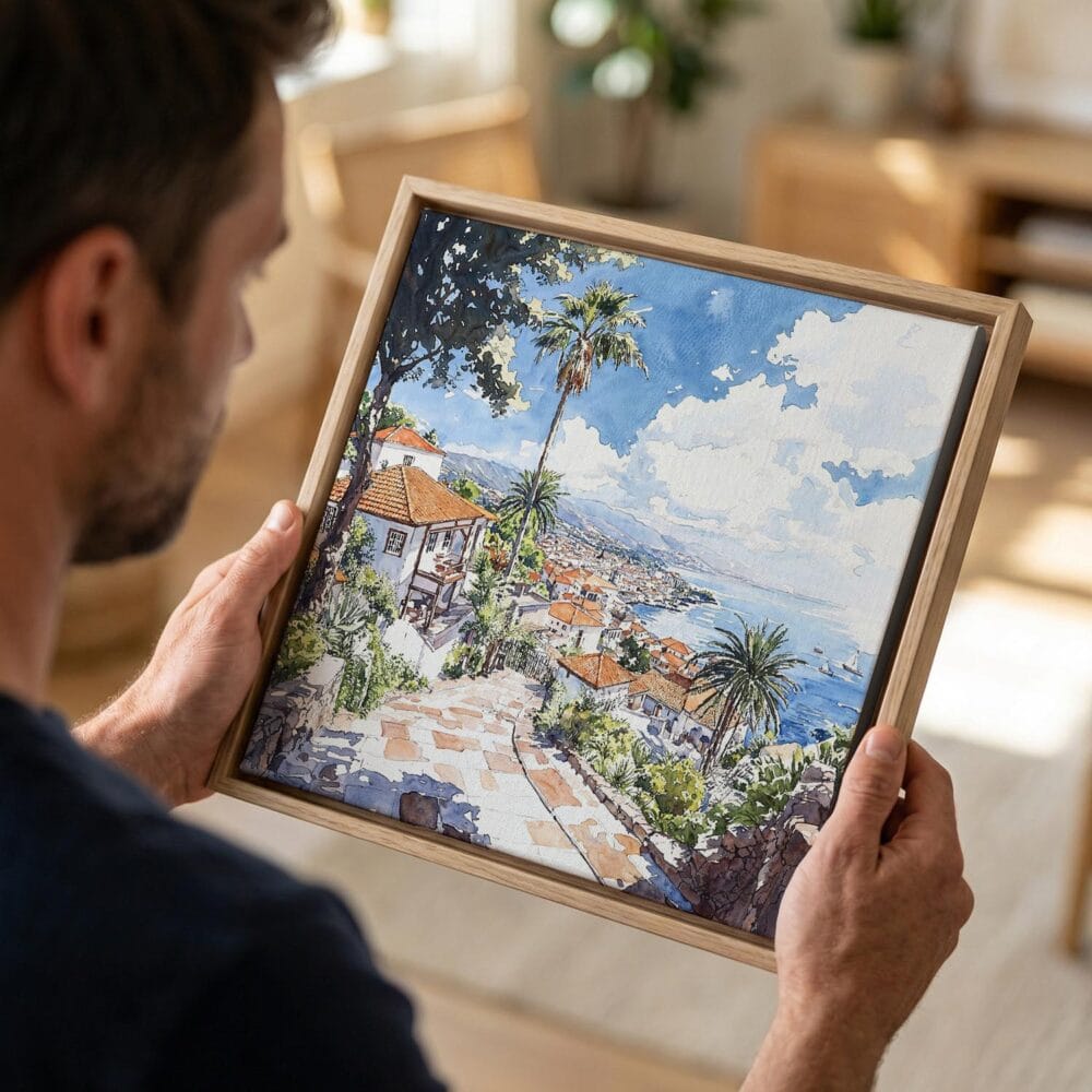 04 - Man holding Small Framed Madeira Portugal Watercolor - Square Canvas Print in Hand.jpg 04 - Man holding Small Framed Madeira Portugal Watercolor - Square Canvas Print in Hand.jpg