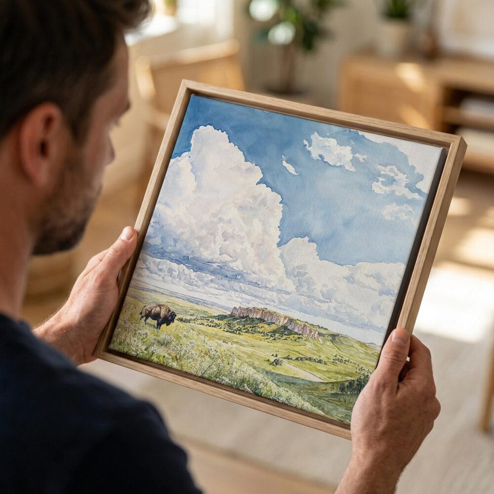 04 - Man holding Small Framed Wind Cave National Park Watercolor - Square Canvas Print in Hand.jpg 04 - Man holding Small Framed Wind Cave National Park Watercolor - Square Canvas Print in Hand.jpg