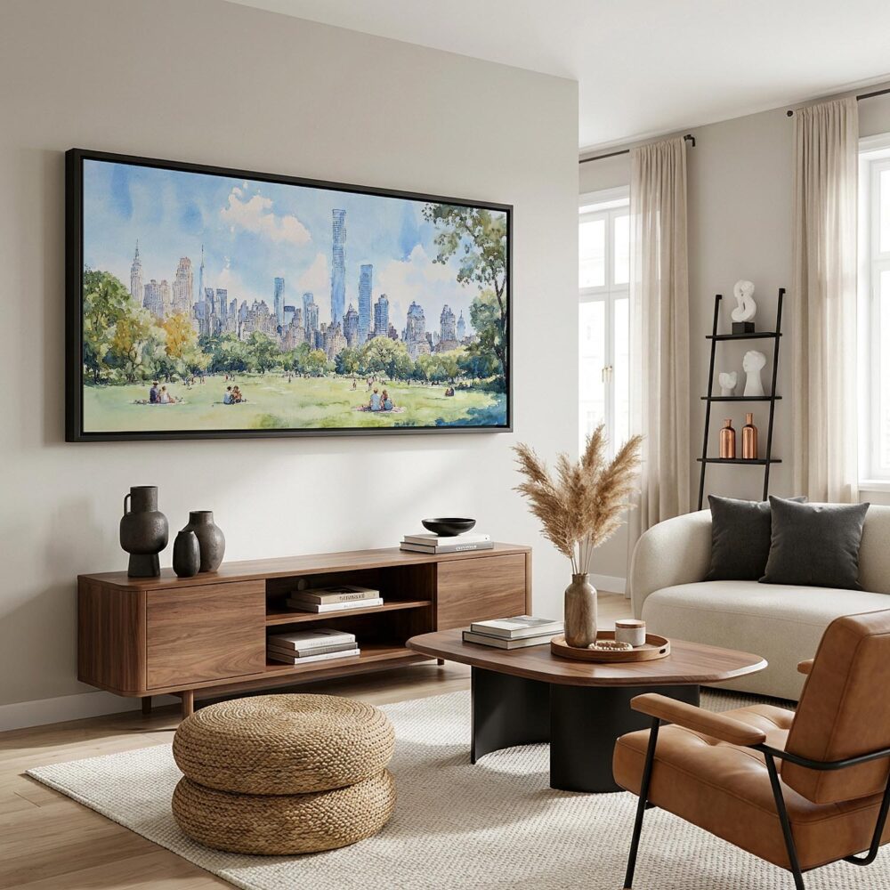 04 - New York Central Park Watercolor - Panorama Canvas Print with Black Floater Frame - Mid Century Room.jpg 04 - New York Central Park Watercolor - Panorama Canvas Print with Black Floater Frame - Mid Century Room.jpg
