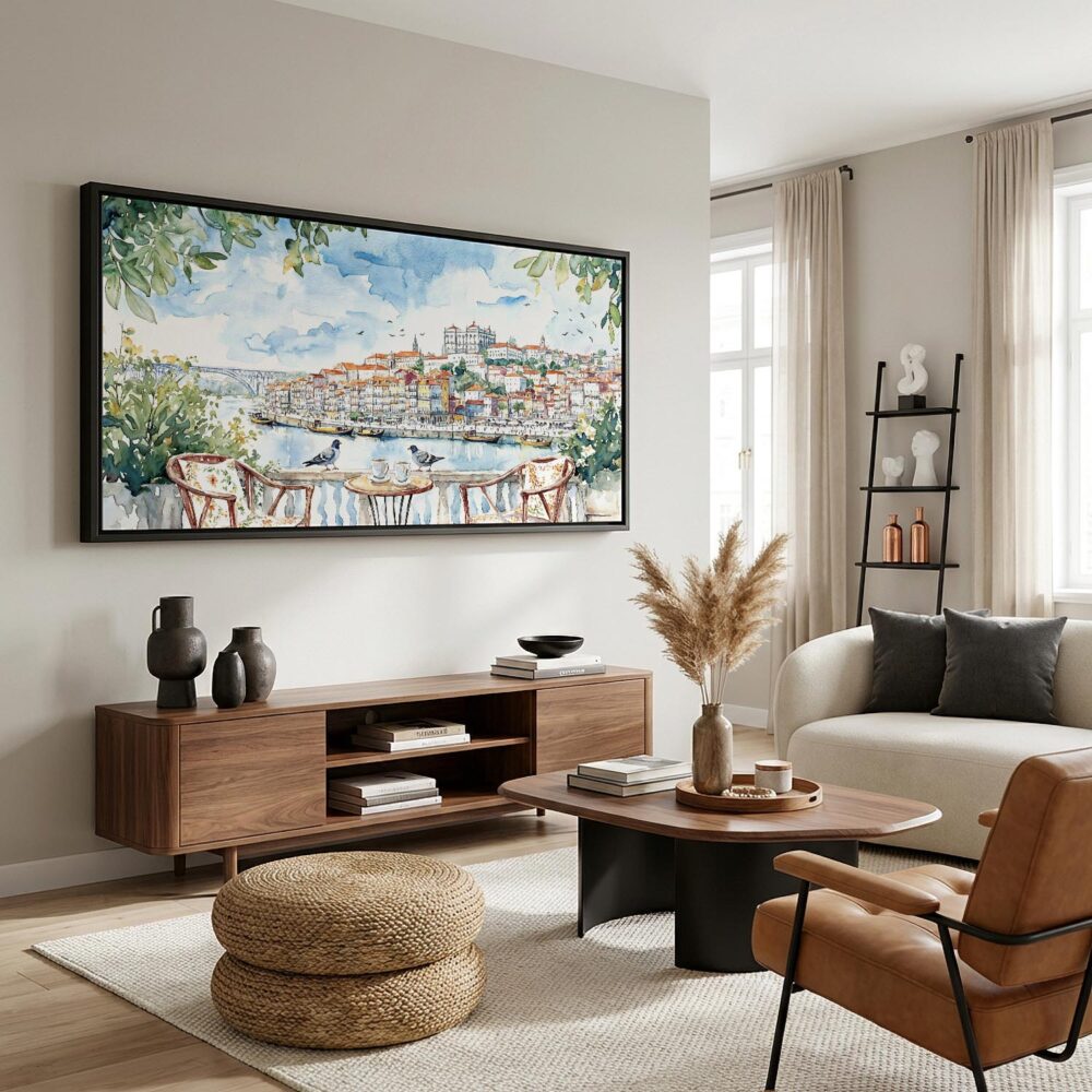 04 - Porto Balcony Watercolor - Panorama Canvas Print with Black Floater Frame - Mid Century Room.jpg 04 - Porto Balcony Watercolor - Panorama Canvas Print with Black Floater Frame - Mid Century Room.jpg