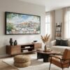 04 - Porto Balcony Watercolor - Panorama Canvas Print with Black Floater Frame - Mid Century Room.jpg