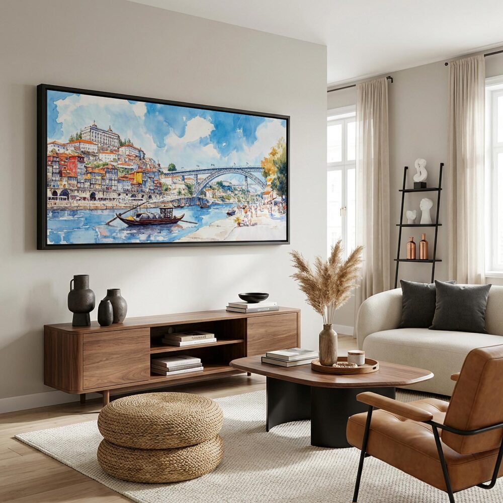 04 - Porto Ribeira Watercolor - Panorama Canvas Print with Black Floater Frame - Mid Century Room.jpg 04 - Porto Ribeira Watercolor - Panorama Canvas Print with Black Floater Frame - Mid Century Room.jpg