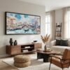 04 - Rialto Bridge Venice Watercolor - Panorama Canvas Print with Black Floater Frame - Mid Century Room.jpg