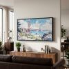 04 - SF Golden Gate Bridge Watercolor - Panorama Canvas Print with Black Floater Frame - Mid Century Room 2.jpg