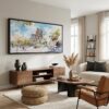 04 - Sagrada Familia Barcelona Watercolor - Panorama Canvas Print with Black Floater Frame - Mid Century Room.jpg
