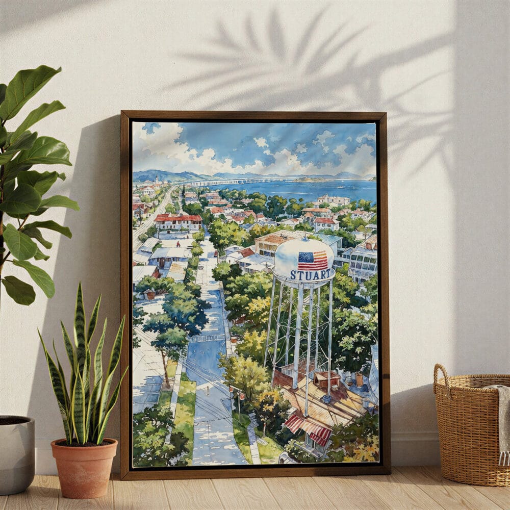 04 - Stuart Florida Watercolor Canvas Print with Brown Floater Frame - Standing on Floor - Vertical.jpg 04 - Stuart Florida Watercolor Canvas Print with Brown Floater Frame - Standing on Floor - Vertical.jpg