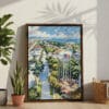 04 - Stuart Florida Watercolor Canvas Print with Brown Floater Frame - Standing on Floor - Vertical.jpg