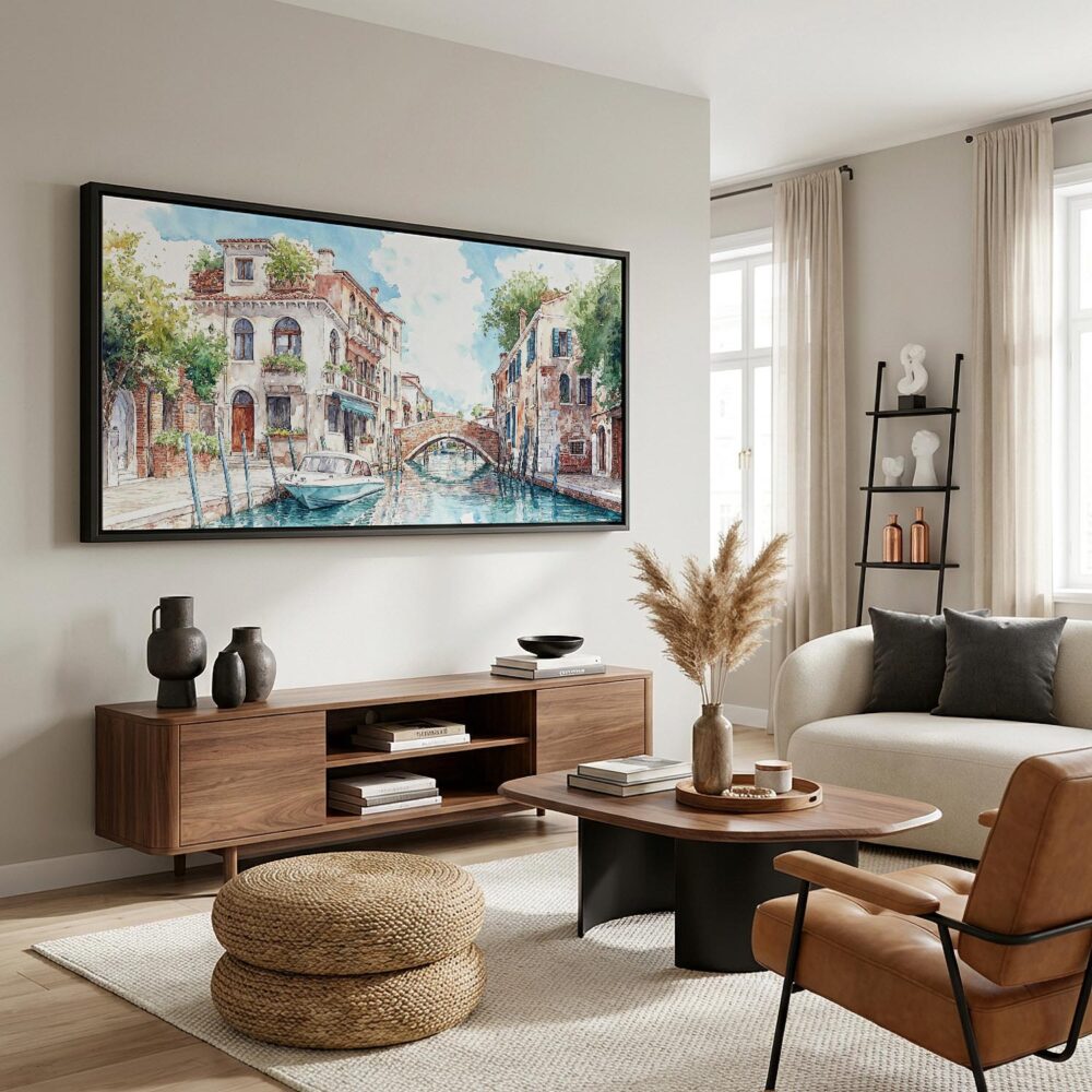 04 - Venice Canal Watercolor - Panorama Canvas Print with Black Floater Frame - Mid Century Room.jpg 04 - Venice Canal Watercolor - Panorama Canvas Print with Black Floater Frame - Mid Century Room.jpg