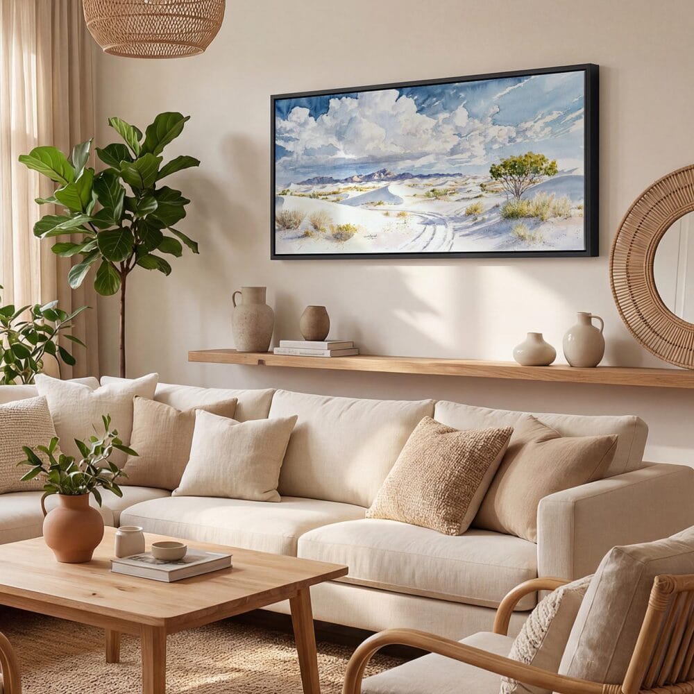 04 - White Sands National Park Panorama Watercolor Canvas Print with Black Floater Frame - Boho Room.jpg 04 - White Sands National Park Panorama Watercolor Canvas Print with Black Floater Frame - Boho Room.jpg
