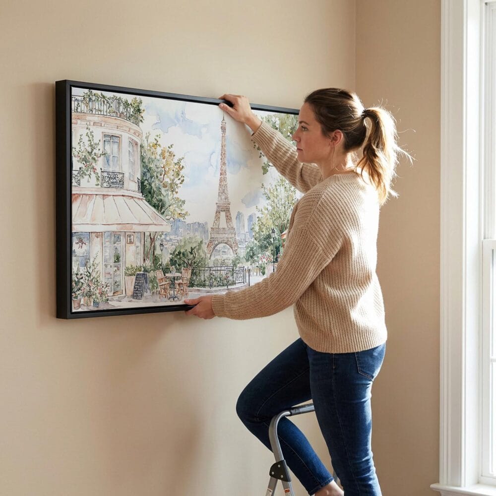 04 - Woman Hanging Paris Cafe Watercolor - Panorama Canvas Wall art with Black Floater Frame.jpg 04 - Woman Hanging Paris Cafe Watercolor - Panorama Canvas Wall art with Black Floater Frame.jpg